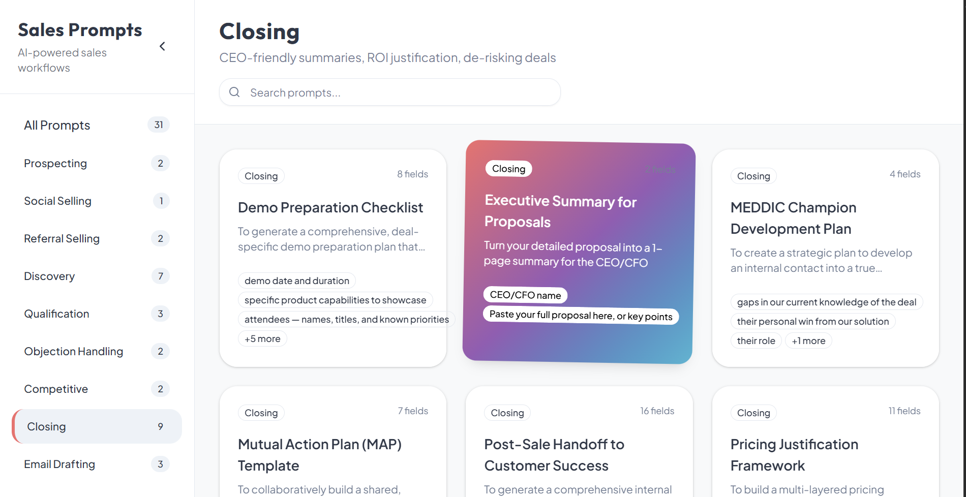 Prompt Runner category browser showing the Closing category with prompt cards